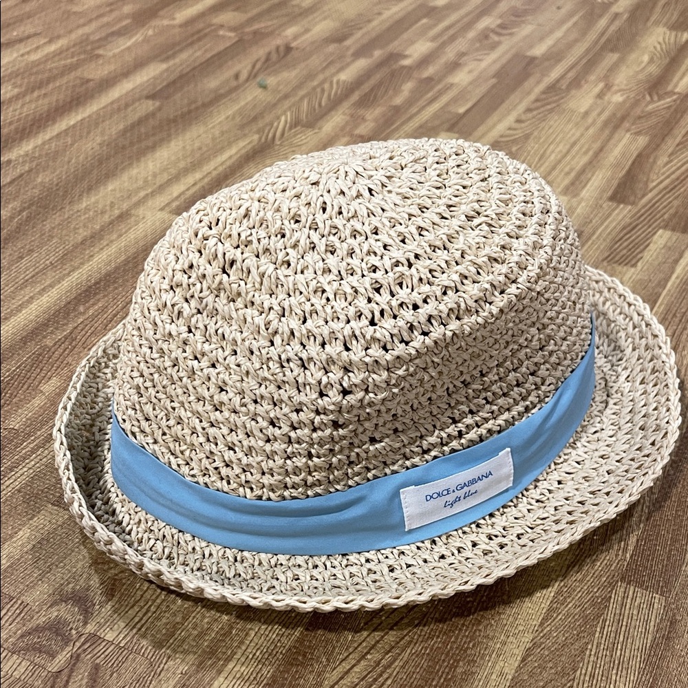 Dolce & Gabbana Beige Straw Hat with Light Blue Band